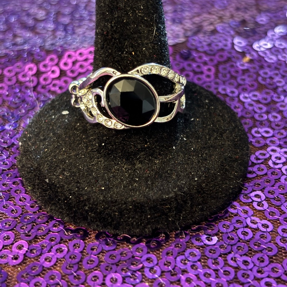 Elegant Black Crystal Silver-Tone Ring - Women Jewelry